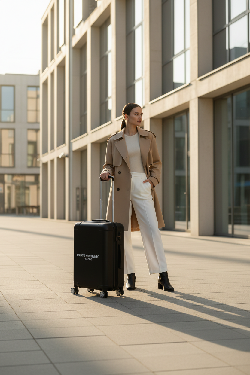 A black hard-shell suitcase with an extended telescoping handle and four spinner wheels, featuring the white text 'PIKATO MARTIENZO AGENCY' on the front, set against a minimalist gray studio background.