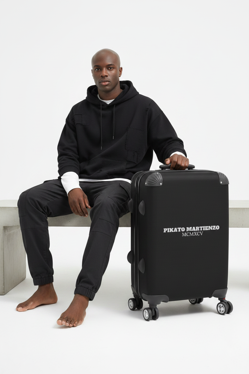 A man sits barefoot on a white bench next to a black hard-shell suitcase with spinner wheels. The suitcase has white text reading 'PİKATO MARTINZENO MCMXIX' on the front.