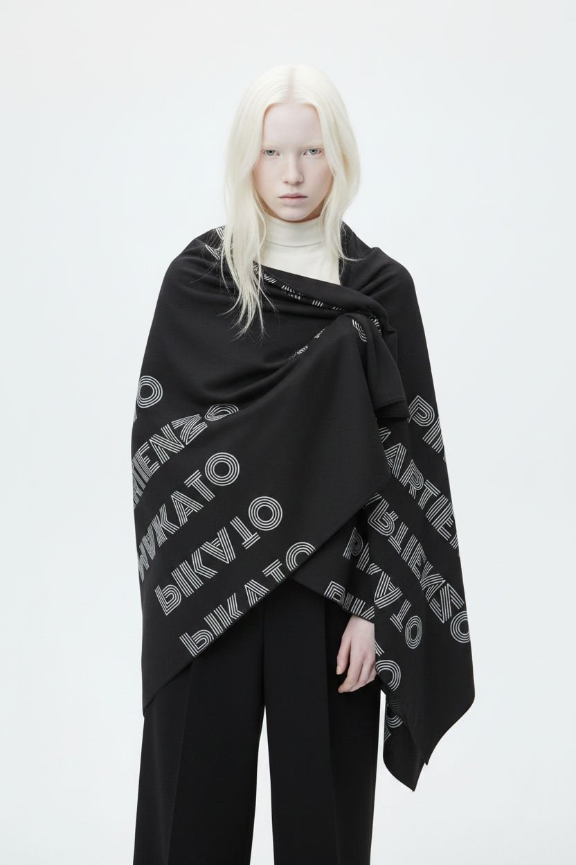 A black rectangular fabric item, likely a scarf or bandana, featuring a repeating pattern of 'MARTIENZO' and 'PIKATO' in white outlined text, shown flat against a white background.