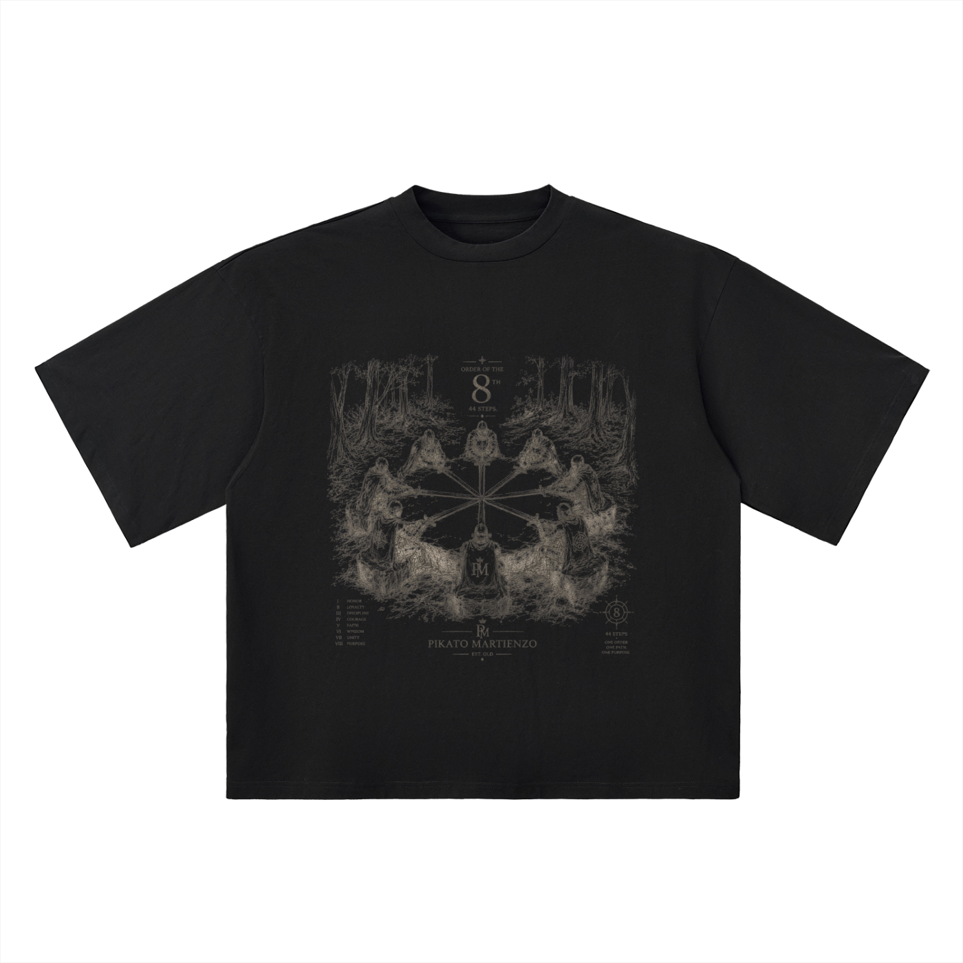 PIKATO MARTIENZO The_Order_Of_The_8_44_Steps Oversized Drop Shoulder Tee BLK