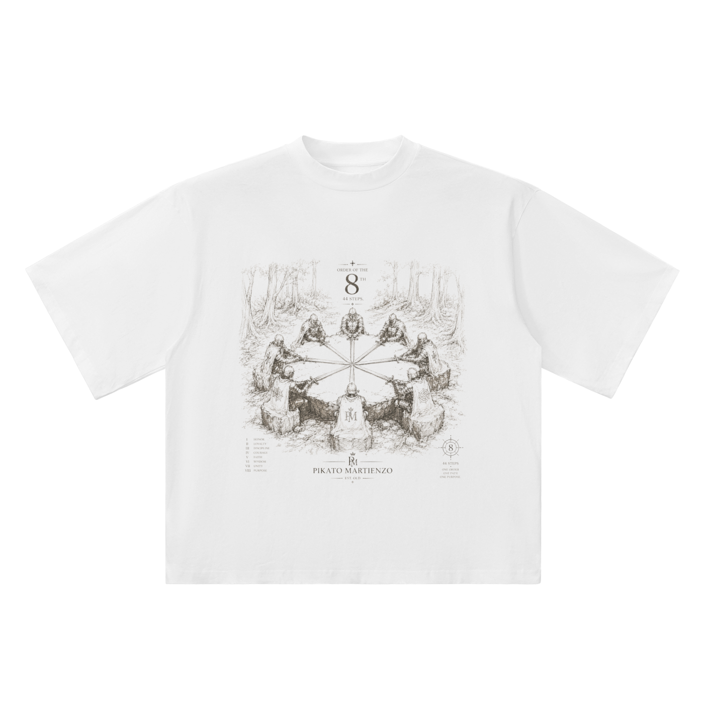 PIKATO MARTIENZO The_Order_Of_The_8_44_Steps Oversized Drop Shoulder Tee WHT