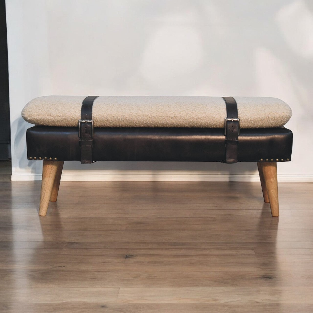 Bouclé Buffalo Hide Black Leather Bench