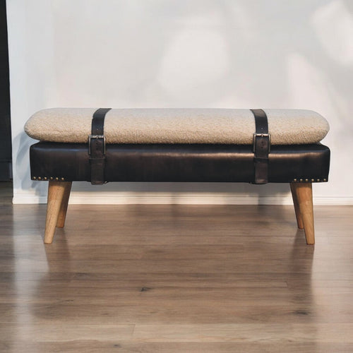 Bouclé Buffalo Hide Black Leather Bench
